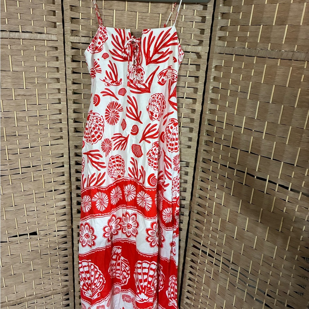 Calypso St Barth red white shell lace up maxi dress